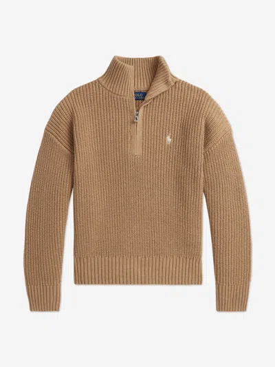 Ralph Lauren Babies'  Girls Half Zip Jumper In Brown