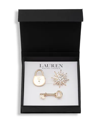 Ralph Lauren Glass Crystal Gold-tone Logo Lock Trio Pin Brooch, 3-piece Set
