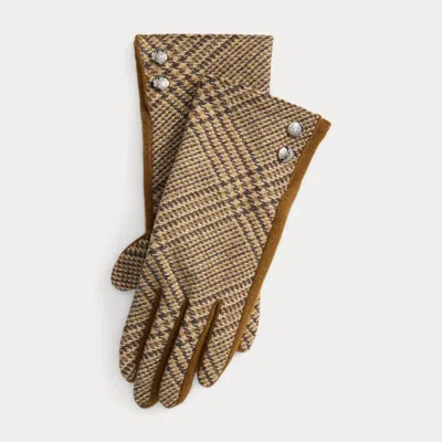 Ralph Lauren Glen Plaid Button-trim Wool-blend Gloves In Brown