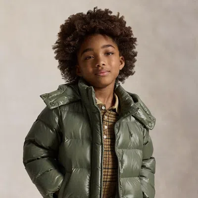Ralph Lauren Kids' Glossy Down Hooded Jacket In Cruise Olive In Green