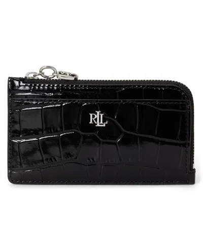 Ralph Lauren Glossy Embossed Mini L-zip Card Case Wallet In Black