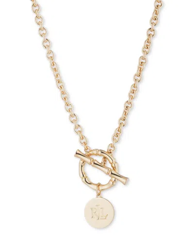 Ralph Lauren Gold-tone Logo Disc Bamboo-inspired Toggle 16" Pendant Necklace