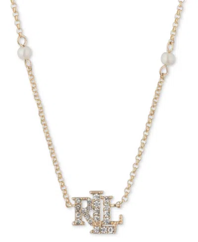 Ralph Lauren Gold-tone Pave Logo & Imitation Pearl Pendant Necklace, 16" + 3" Extender