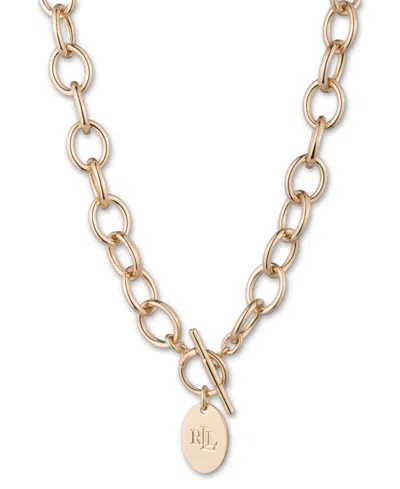 Ralph Lauren Gold-tone Polished Link Logo Disc 17" Toggle Necklace
