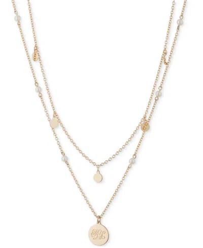 Ralph Lauren Gold-tone White Imitation Pearl & Logo Pendant Two-row Pendant Necklace, 18" + 3" Extender In Black