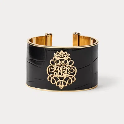 Ralph Lauren Gold-plated Logo Leather Cuff Bracelet In Gold In Black