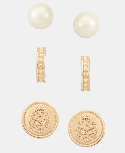 Ralph Lauren Gold-tone Glass Pearl, Coin And Hoop Earrings, 3-piece Set
