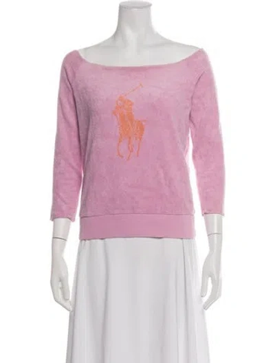 Pre-owned Ralph Lauren Graphic Print Off-the-shoulder Sweatshirt In Pink