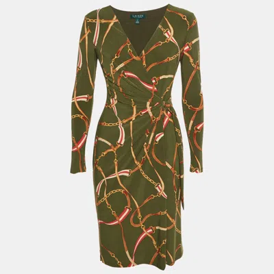 Pre-owned Ralph Lauren Green Equestrian Print Jersey Wrap Dress Xs