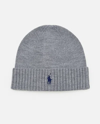 Ralph Lauren Grey Embroidered Logo Beanie Hat In Gray