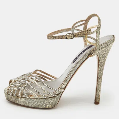 Pre-owned Ralph Lauren Grey Leather Crystal Embellished Platform Sandals Size 38