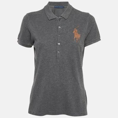 Pre-owned Ralph Lauren Grey Logo Rhinestone Pique Polo T-shirt L In Gray
