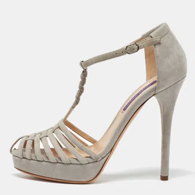 Pre-owned Polo Ralph Lauren Grey Suede Leather T Strap Platform Sandals Size 38.5