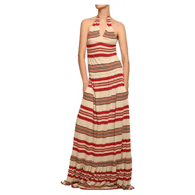 Pre-owned Ralph Lauren Halter Neck Red Black Beige Stripe Striped Maxi Jersey Gown Dress