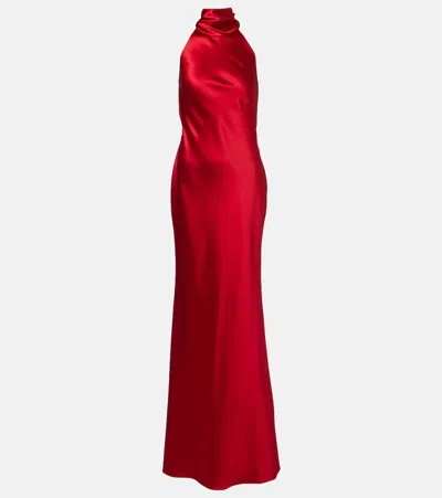 Ralph Lauren Chilton Stretch Satin Evening Dress In Bright Red