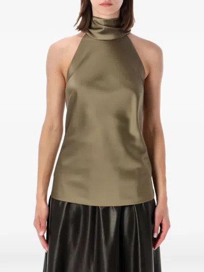 Ralph Lauren Refined Satin Halter Blouse With Draped High Neck And Long Scarf Detail In Green