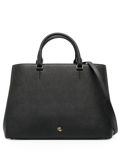 Ralph Lauren Crosshatch Leather Large Hanna Satchel In Black