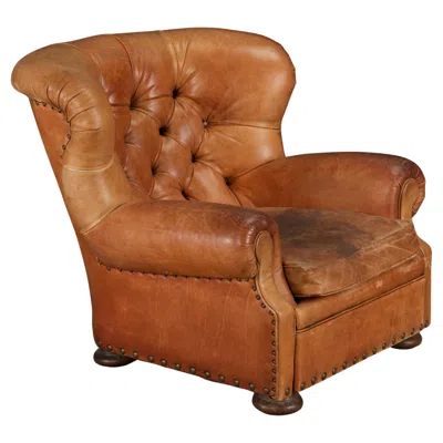 Pre-owned Ralph Lauren Henredon For  Thick Leather Wingback Writer's Club Chair, Signed In Brown