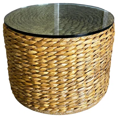 Pre-owned Ralph Lauren Henredon Organic Seagrass Glass Round Center Cocktail Table In Brown