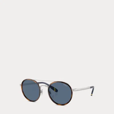 Polo Ralph Lauren Heritage Rowing Stripe Round Sunglasses In Silver