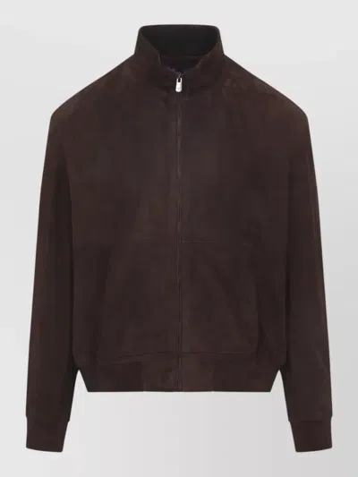 Ralph Lauren High Collar Bomber Jacket Ribbed Cuffs In Brown