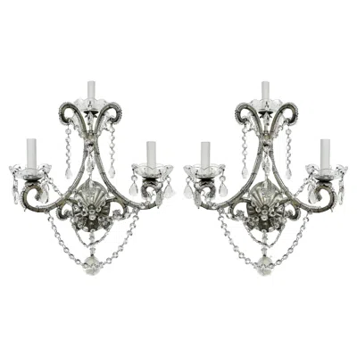 Pre-owned Ralph Lauren Home Silvered Crystal Sconces With Glass Beading, 2 Pairs Available In Transparent