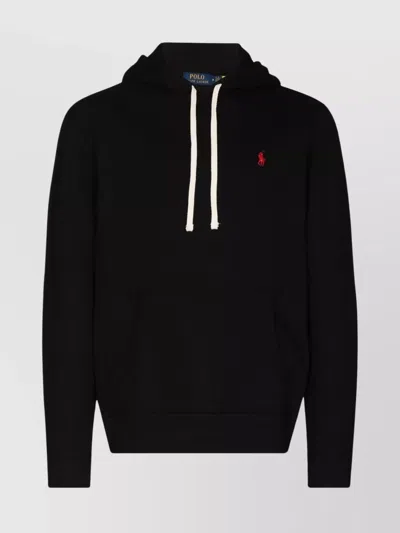 Ralph Lauren Hooded Cotton Blend Sweater With Pouch Pocket In Black