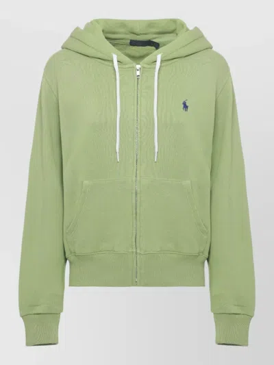 Ralph Lauren Hooded Cotton Sweatshirt Ribbed Trims Pockets In Green