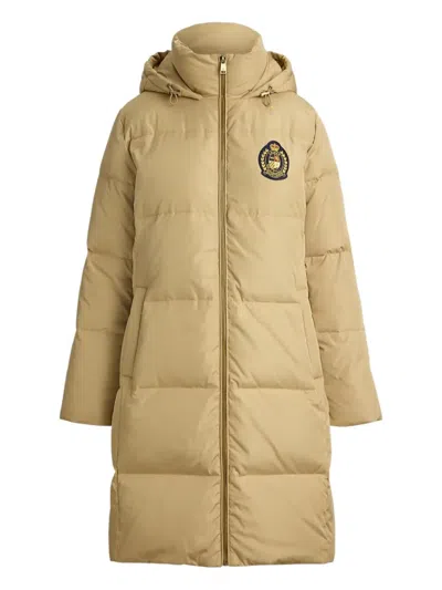 Ralph Lauren Hooded Quilted Crest-patch Coat In Brown