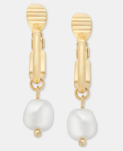 Ralph Lauren Imitation Pearl Charm Clip-on Hoop Earrings In Gold