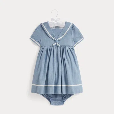 Ralph Lauren Babies' Indigo Chambray Sailor Dress & Bloomer In Dark Wash In Blue