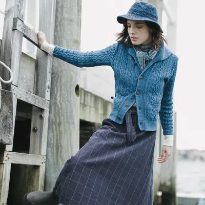 Ralph Lauren Indigo Windowpane Linen Wrap Skirt In Indigo/tan In Blue