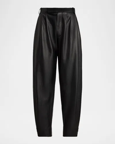 Ralph Lauren Jeanne Pleated Leather Barrel Ankle Pants In Black