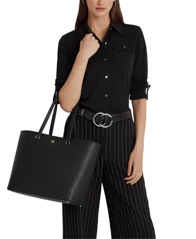 Ralph Lauren Karly Crosshatch Leather Large Tote In Black