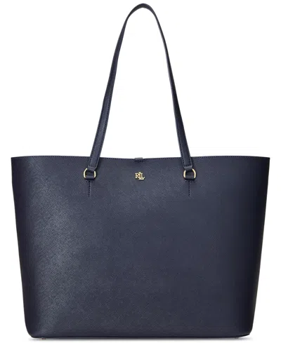 Ralph Lauren Karly Crosshatch Leather Large Tote In Refined Navy