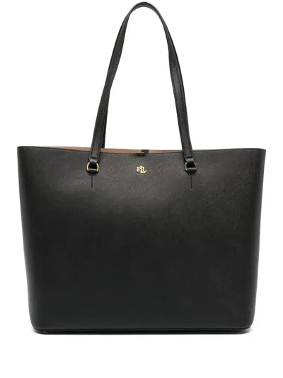 Ralph Lauren Lauren  Crosshatch Leather Large Karly Tote Woman Handbag Black Size - Bovine Leather
