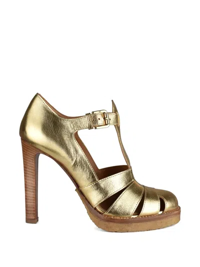 Ralph Lauren Kayda Metallic Buckle T-strap Heeled Sandals In Gold