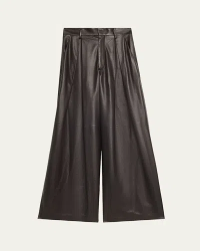 Ralph Lauren Kelsie Pleated Leather Wide-leg Pants In Brown