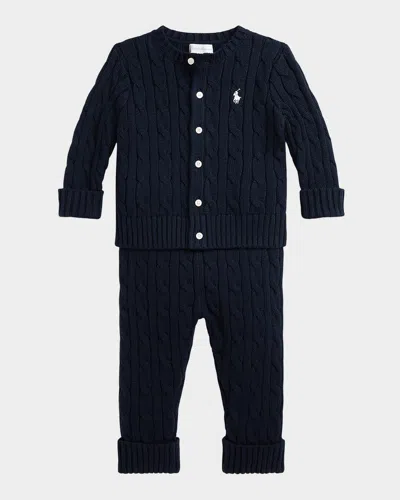 Ralph Lauren Kid's Cotton Cable Knit Sweater & Pants Set In College Navy