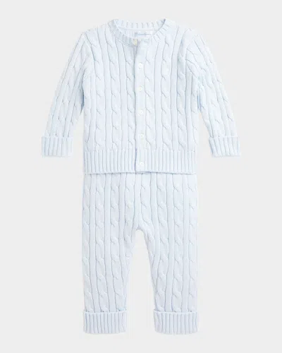 Ralph Lauren Kid's Cotton Cable Knit Sweater & Pants Set In Pearl Blue