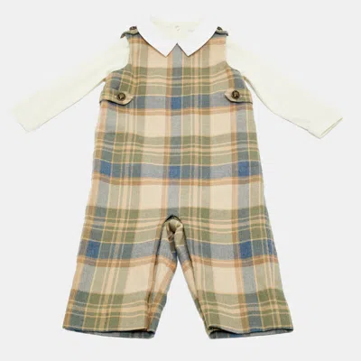 Pre-owned Ralph Lauren Kids Beige/white Plaid Cotton Romper Set 9m In Sand