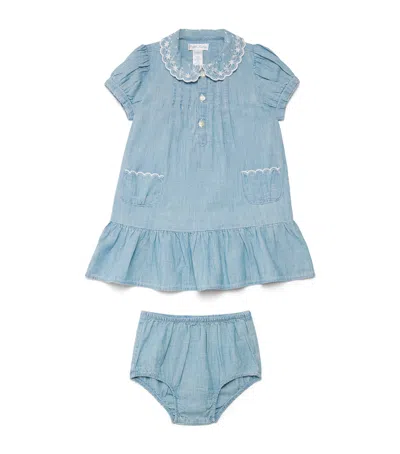 Ralph Lauren Kids Cotton Chambray Shirt Dress And Bloomers Set In Blue