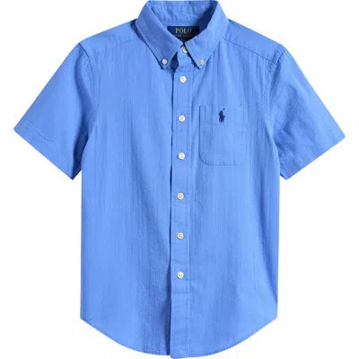Ralph Lauren Kids' Short Sleeve Cotton Seersucker Button-down Shirt In Blue