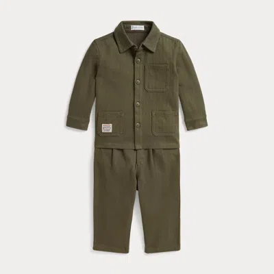 Ralph Lauren Babies' Knit Cotton Herringbone Jacket & Pant In Cruise Olive In Green