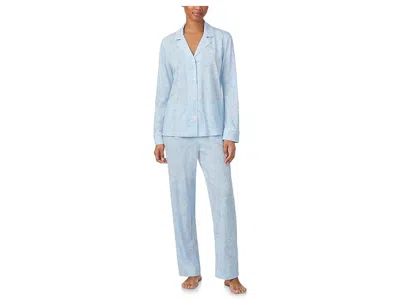 Ralph Lauren Knit Long Sleeve Notch Collar Long Pants Pajama Set In Blue