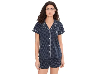 Ralph Lauren Knit Short Sleeve Notch Collar Boxer Pajama Set In Blue