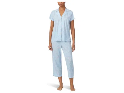 Ralph Lauren Knit Short Sleeve Notch Collar Cropped Pants Pajama Set In Blue