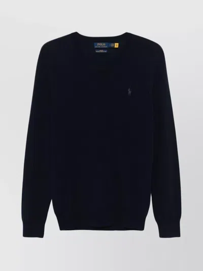 Ralph Lauren Knitted Crewneck Sweater Ribbed Trim In Blue