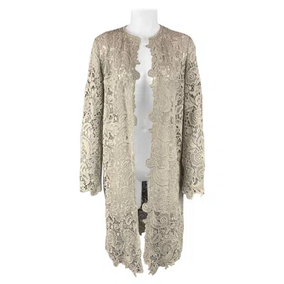 Pre-owned Ralph Lauren Label Size 10 Light Gray Lace Textured Cotton Leather Trim Cardigan