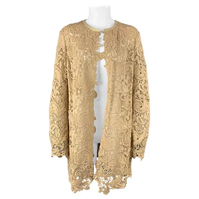 Pre-owned Ralph Lauren Label Size 12 Beige Lace Textured Cotton Leather Trim Cardigan In Brown